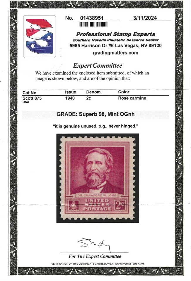 US STAMP #875 --- 2c LONG — SUPERB -- MINT - GRADED 98 - Image 2 of 2