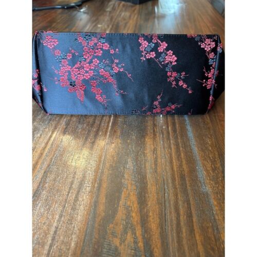 Yans NY Asian Floral Purse Bamboo Handle Evening Satchel Bag Red Black - Picture 5 of 15