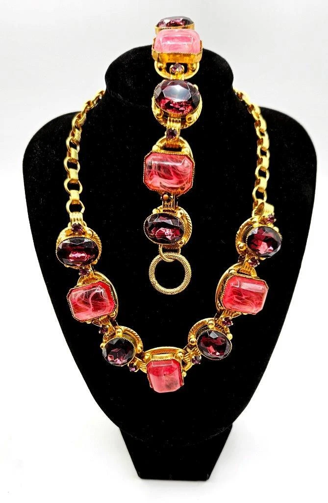 Fabuleux ensemble collier et bracelet Henkel & Grosse non signé pour Dior rose et violet
