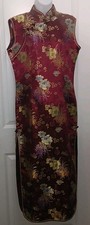 Burgundy Floral Qipao Cheongsam Dress XL 51" Brocade Chinese Formal Wear