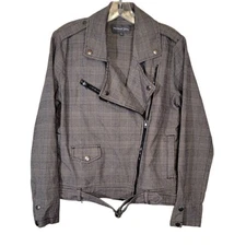 Michael Stars Women's Glen Plaid Moto Denim Jacket Front Asymmetrical Zip Medium