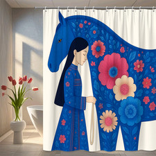Floral Blue Horse Shower Curtain - Colorful and Artistic Design