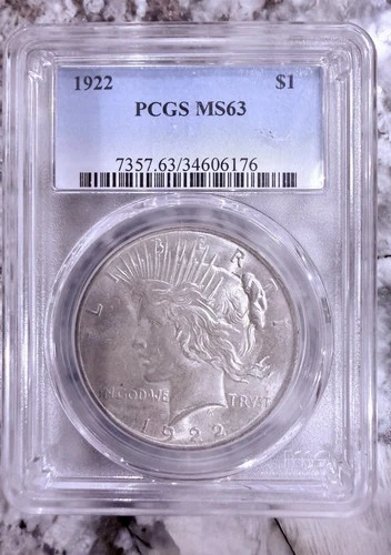 1922 Peace Silver Dollar MS63 PCGS Encapsulated Beautiful Luster