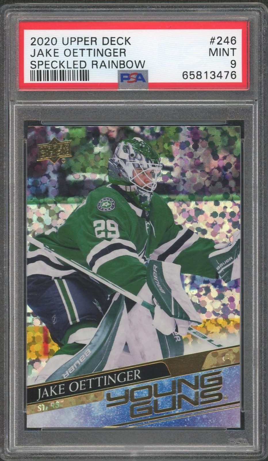2020/21 Upper Deck Jake Oettinger Speckled Rainbow Young Guns Rookie #246 PSA 9