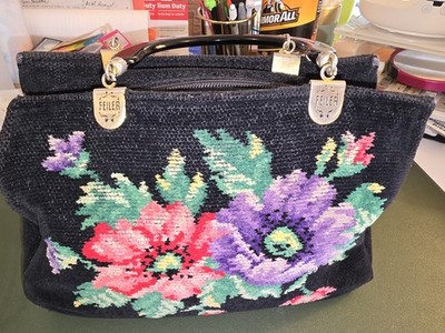 FEILER Black Floral Top Handle Bag w/ Zip Closure, Embroidered Accents