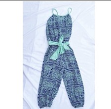 BM Couture Girls Jumpsuit Size 8 Blue Aqua Tribal Print Belted Romper