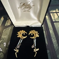 Vintage Kirks Folly Goldtone Fairy Crescent Moon Drop Dangle Pierced Earrings