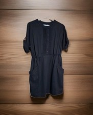 Mango Collection Dark Blue Shirt Dress Women's Size XS Big Pockets Elastic Waist