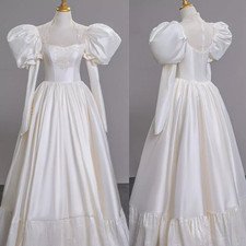Victorian Wedding Dresses Satin Puffy Long Sleeve Full Length A Line Bridal Gown