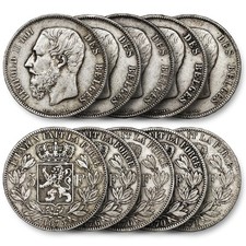 Lot 10 M&uuml;nzen 5 Francs Leopold II 900&permil; Silber Belgien M&uuml;nze