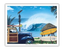 Break Time Retro Woodie on Beach - Big Wave Surfer - Painting by Westmoreland