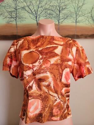 Vintage Womens Top Sz S Brown 60s 70s Psychedelic Blouse Button Back Mod Hippie