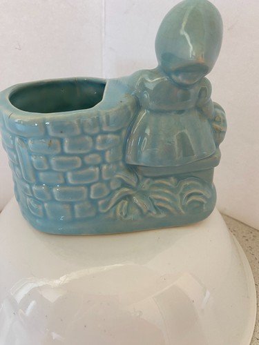 Vintage 1950's Blue Glaze Ceramic Planter Girl on Bench By Wishing Well - Picture 3 of 7