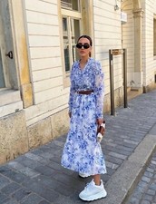 ZARA NEW WOMAN MIDI FLORAL BELTED DRESS PRINT RUFFLES BLUE WHITE  2298/077 sale!