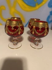Interglass Italy Set of 4 Crystal Glasses, Gold-Plated (Cognac Snifters, Red)