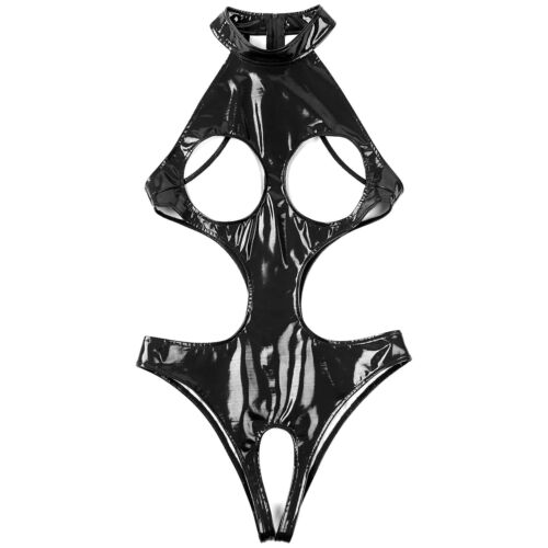 Damen Glänzend Bodysuit Catsuit Leder Lack Trikot Body Teddy mit Offener Schritt - Bild 19 von 32
