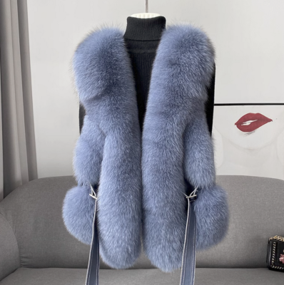 Women Real Fox Fur Vests Luxury Fluffy Gilet Leather Belt