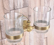 Antique Brass Toothbrush Holder Double Glass Cups Holder Wall Mounted aba583