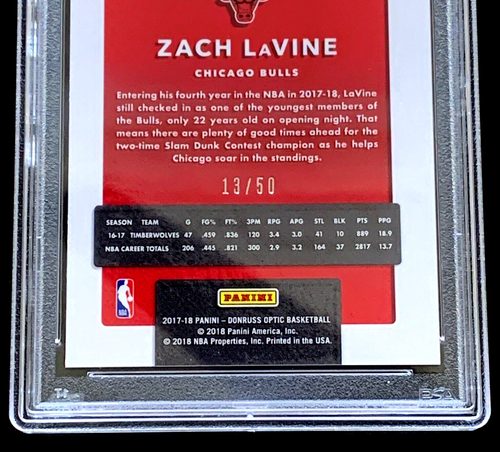 PSA 10 GEM MINT 2017 SP /50 DONRUSS OPTIC ZACH LAVINE FAST BREAK BLUE #22 G787 - Bild 3 von 4