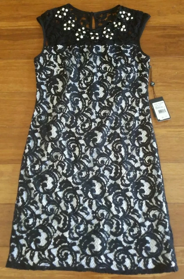 Женское черно-белое кружевное вечернее коктейльное платье выше колена Adrianna Papell размер 6  - Изображение 4 из 4