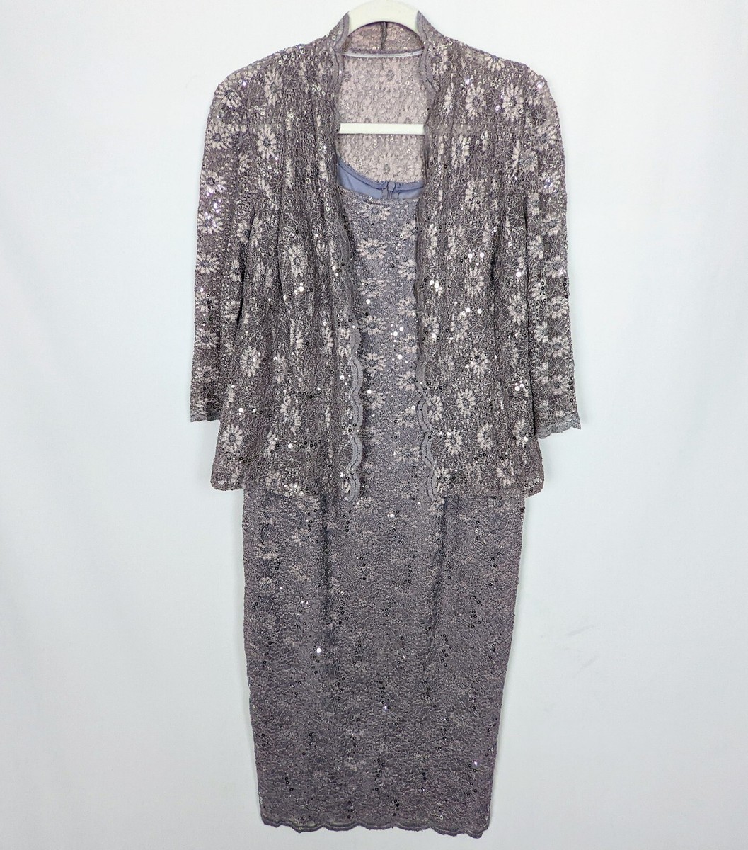 Alex Evening 10P Tea Length Sheath Lace Dress Sheer Jacket Suit