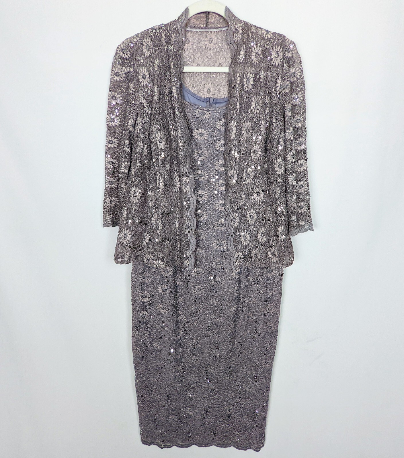 ALEX EVENINGS Alex Evening 10P Tea Length Sheath Lace Dress & Sheer Jacket  Suit Set Sequence