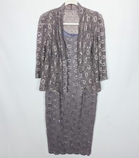 Alex Evening 10P Tea Length Sheath Lace Dress & Sheer Jacket Suit Set Sequence 