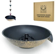 U-nitt 12" Anchoring Basin for Rain Chain, Spill Bowl with Scupper, Black & Gold