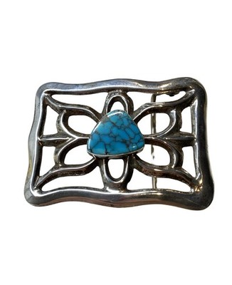 Vintage Navajo Sandcast Sterling Silver Turquoise Belt Buckle #6