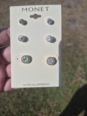 Monet Set of Three Earrings New Cubic Zirconia Gold Tone  Post