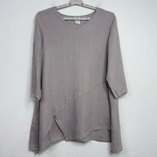 Match Point Shirt Women L Grey Linen Asymmetrical Minimalist Lagenlook Boho