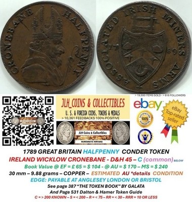 1789 IRELAND CONDER ½ PENNY - WICKLOW CRONEBANE - D&H 45- CT 1090
