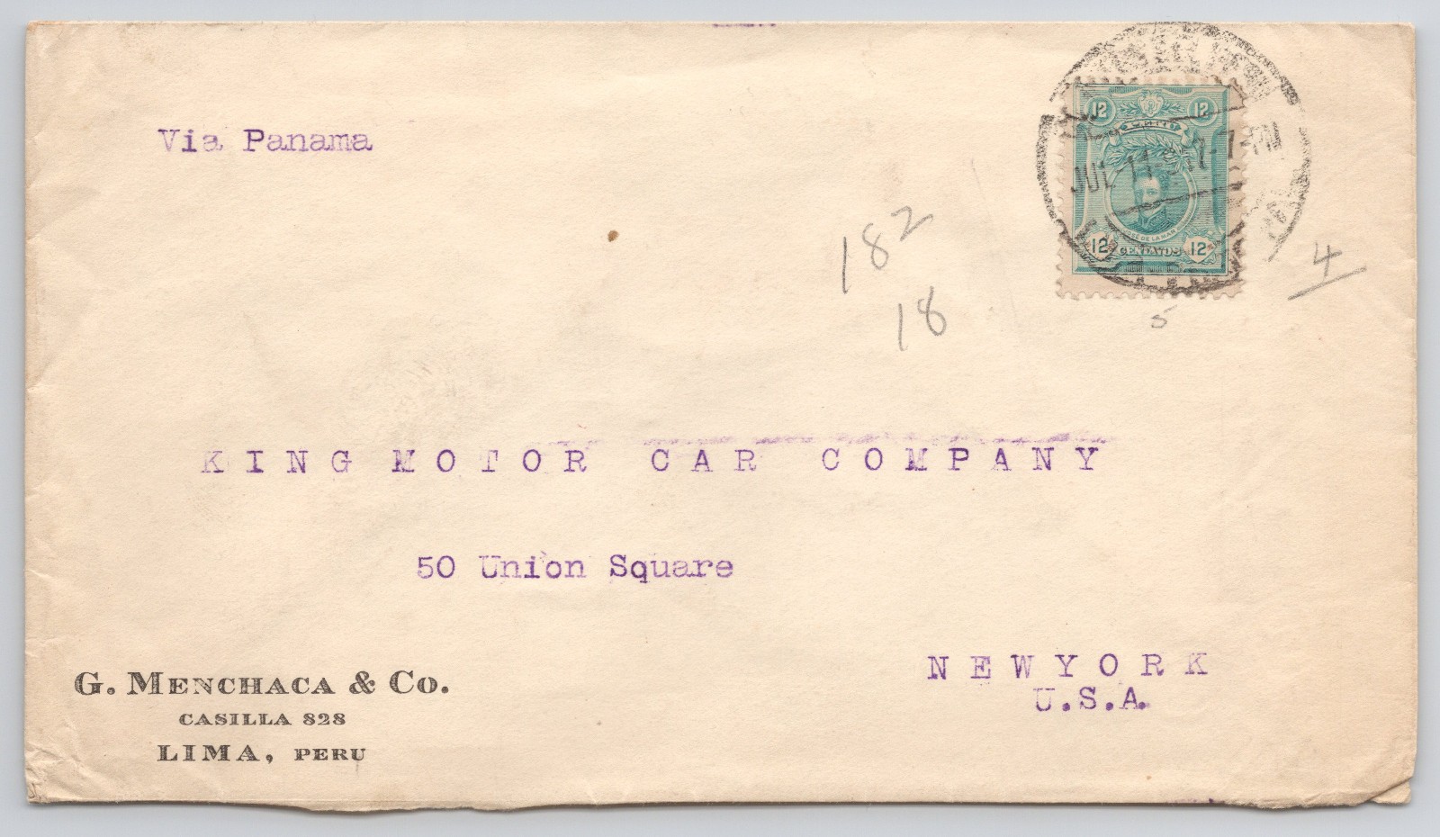 Peru 12c José de la Mar Cover Lima–New York via Panama, Commercial Use