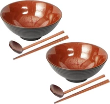 Ceramic Japanese Style Ramen Bowl Set with Chopsticks,8 inch 40 8 inch, Red 
