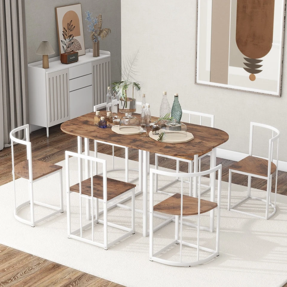 7-Piece Industrial Dining Table Set w/ 6 Stools  Space-Saving Kitchen &Breakfast - Image 2 of 4