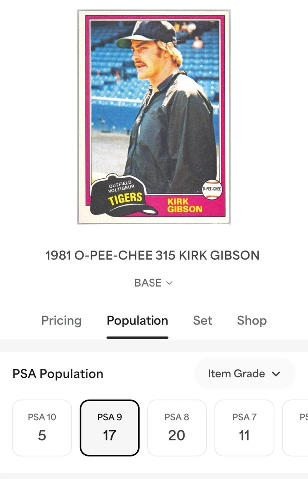 1981 O-Pee-Chee - Kirk Gibson #315 (RC) PSA 9 (MC) Rookie Card Dodgers Tigers WS - Image 4 of 4