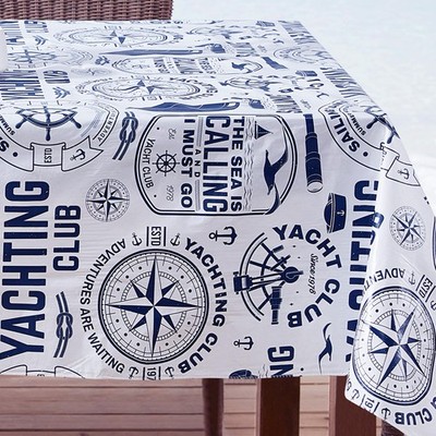 Nautical Blue 52 x 70 Inch Rectangle Vinyl Tablecloth with Flannel Backing, S...