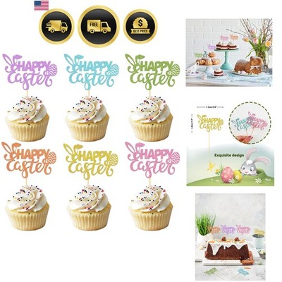 24Pcs Happy Easter Cupcake Toppers for Decorations, Rabbit Cake Toppers for C...