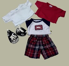 Build A Bear Boys USA Plaid Shorts Red White Solid Shirts Lot Black High Tops