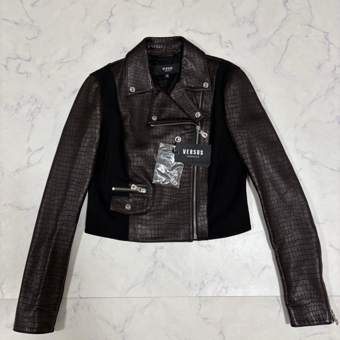USED UNUSED WITH TAGS: GIANNI VERSACE CROCODILE EMBOSSED LAMB LEATHER JACKET, thumbnail 4