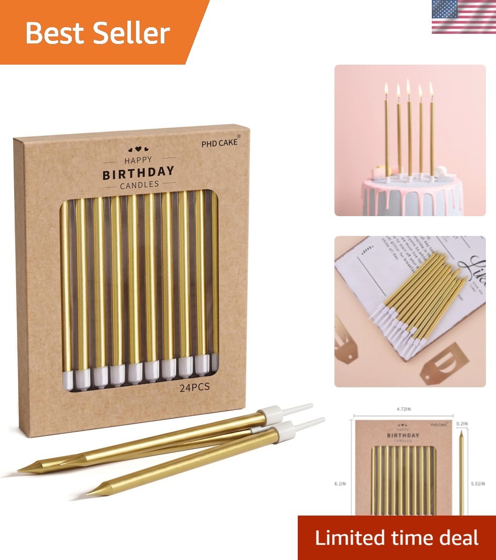 Gold Long Thin Metallic Birthday Candles, Cake Candles, Birthday Parties, Wed...