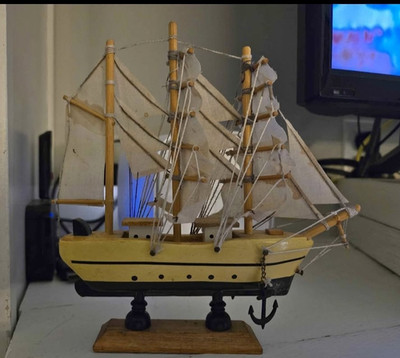 Wooden Sail Ship Model with Fabric Sails and Stand Nautical Decor