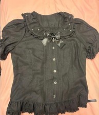 Preview of Metamorphose Gothic Lolita Blouse Black Short Sleeve Frill Bib Ribbon