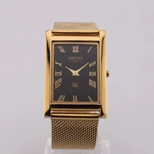 Vintage Seiko Slim Quartz Black Dial Men's Wrist Watch with Mesh Band