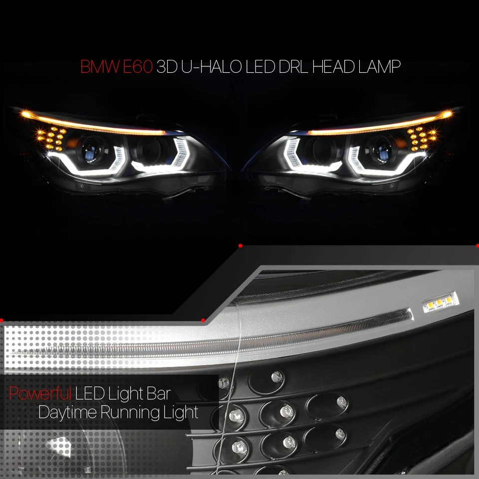 Fits 2004-2007 BMW E60 {DUAL 3D HALO/LED SIGNAL/DRL} Black Projector Headlight - Image 4 of 4