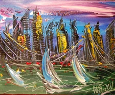 PURPLE CITY  MODERN PAINTING  IMPRESSIONIST CANVAS ORIGINAL NFEO0