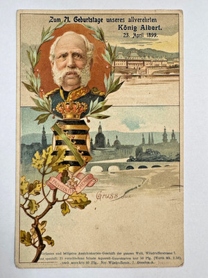König Albert v. Sachsen 1899 Geburtstag Jubiläum Litho
