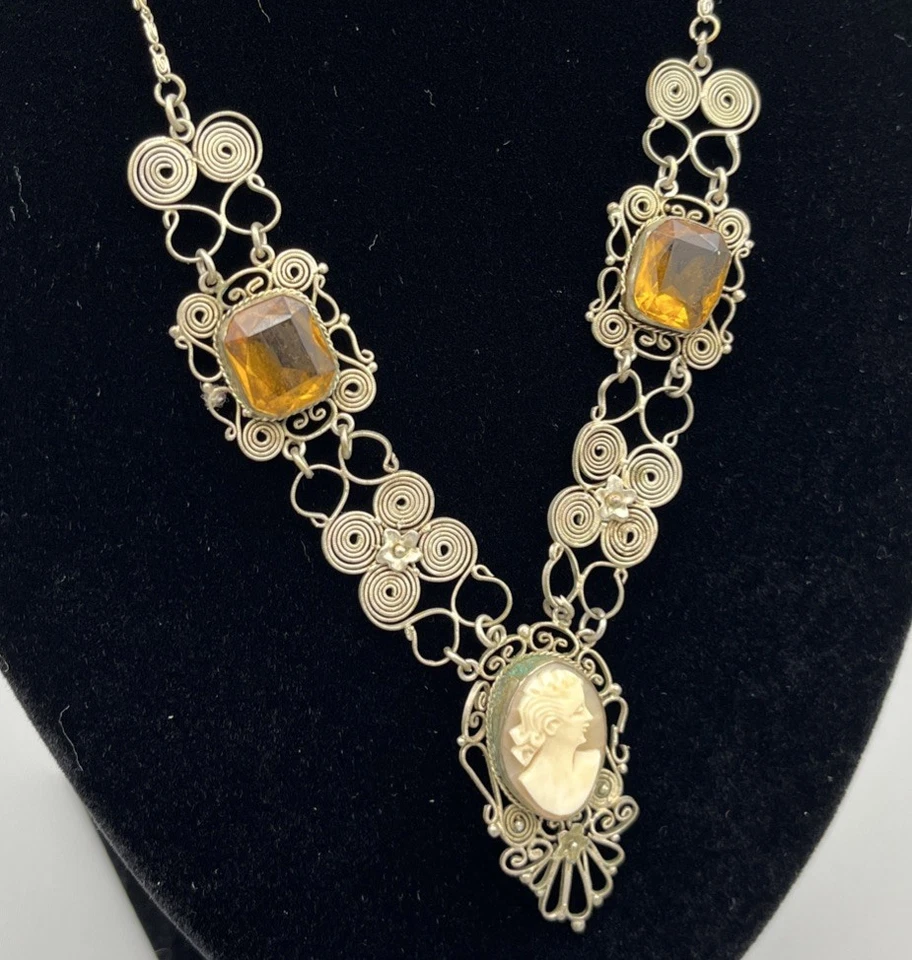 Conjunto de collar y pulsera camafeo filigrana años 30 camafeos concha vidrio ámbar vintage Foto 4 de 4