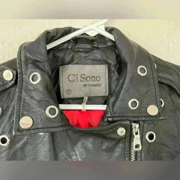 Ci Sono Black Faux Leather Silver Spiked Studded Embellishment Jacket; size S - Image 3 of 4