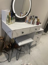 Modern White Dressing Table with LED Mirror Lights, Drawers, and Stool